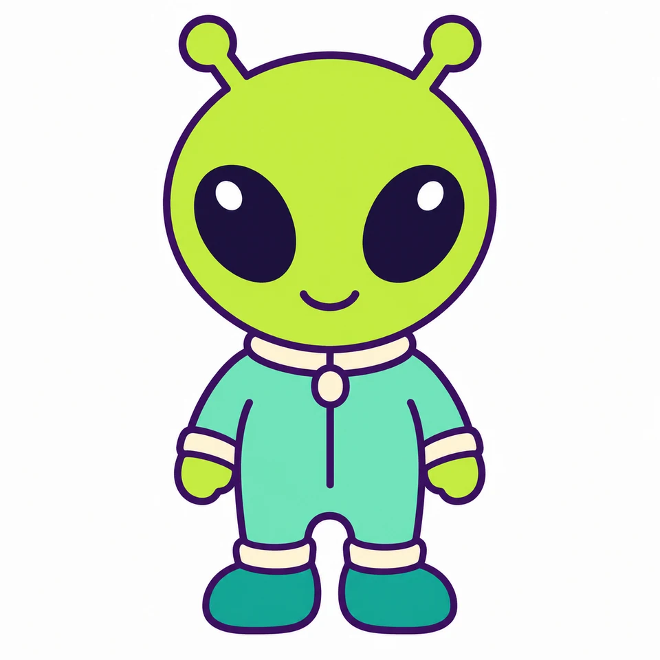 Friendly lime green alien source artwork in a pastel space suit