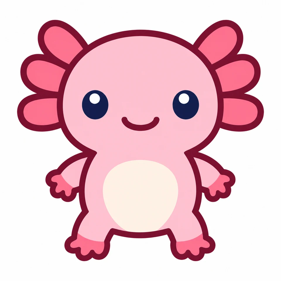 Smiling pink axolotl source artwork with feathery external gills