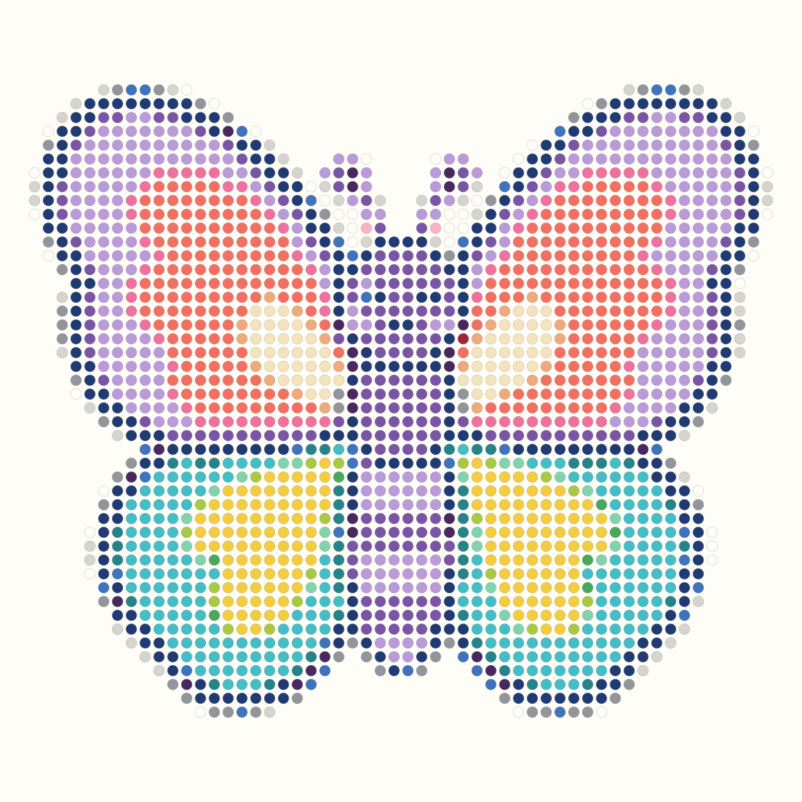 58 by 58 butterfly Perler bead pattern with mirrored colorful wings