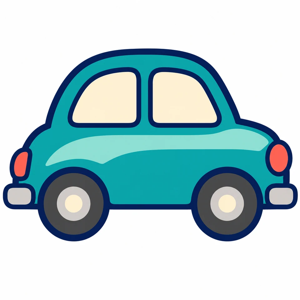 Teal retro compact car source artwork with cream windows and two large wheels