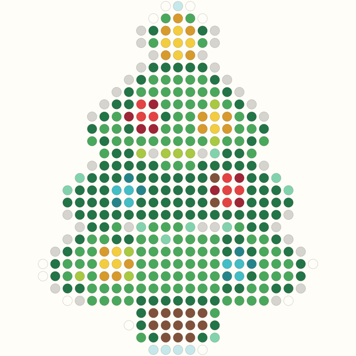 29 by 29 Christmas tree Perler bead pattern with colorful ornaments