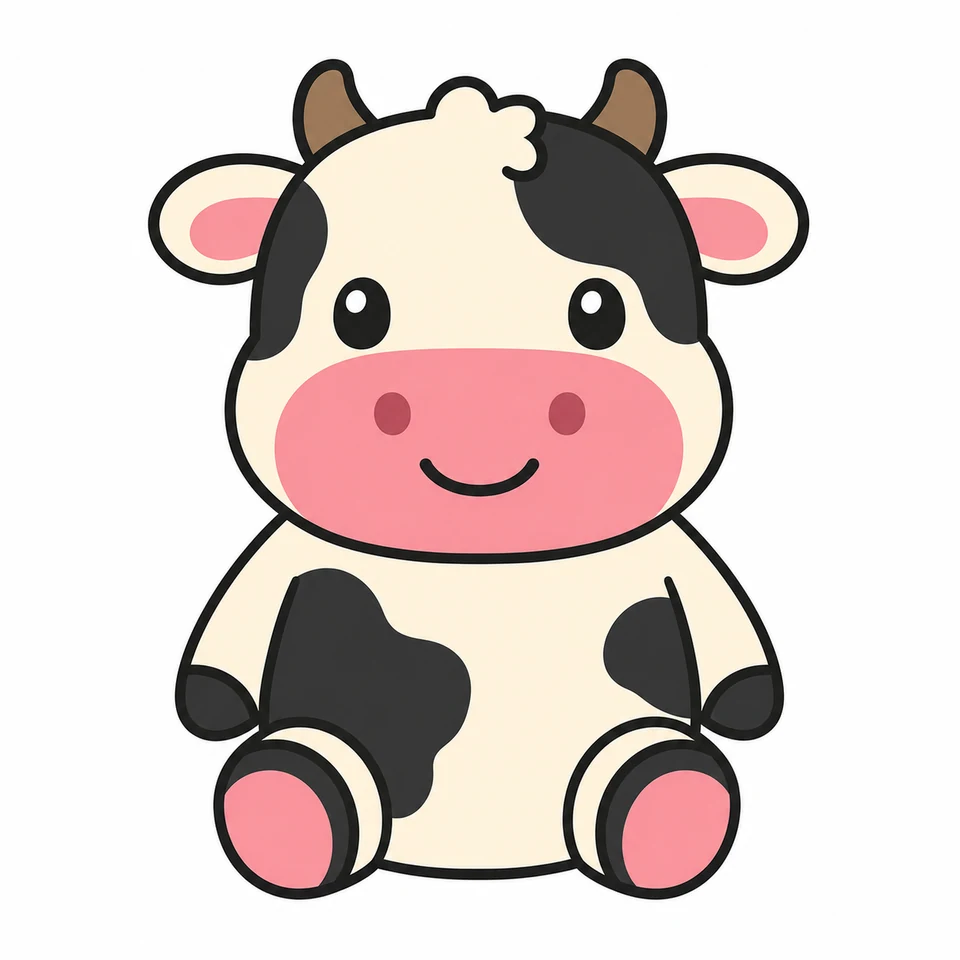 Cute seated cow source artwork with black patches and pink muzzle