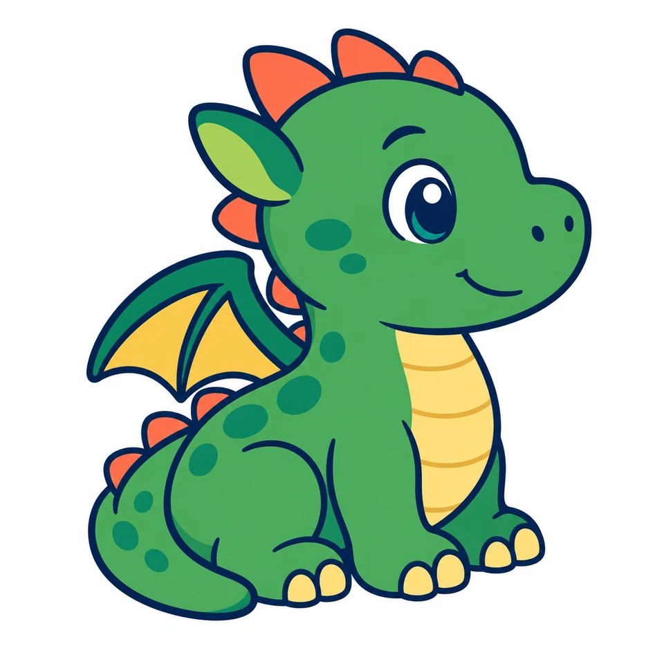 Cute green baby dragon source artwork with orange spikes and wings