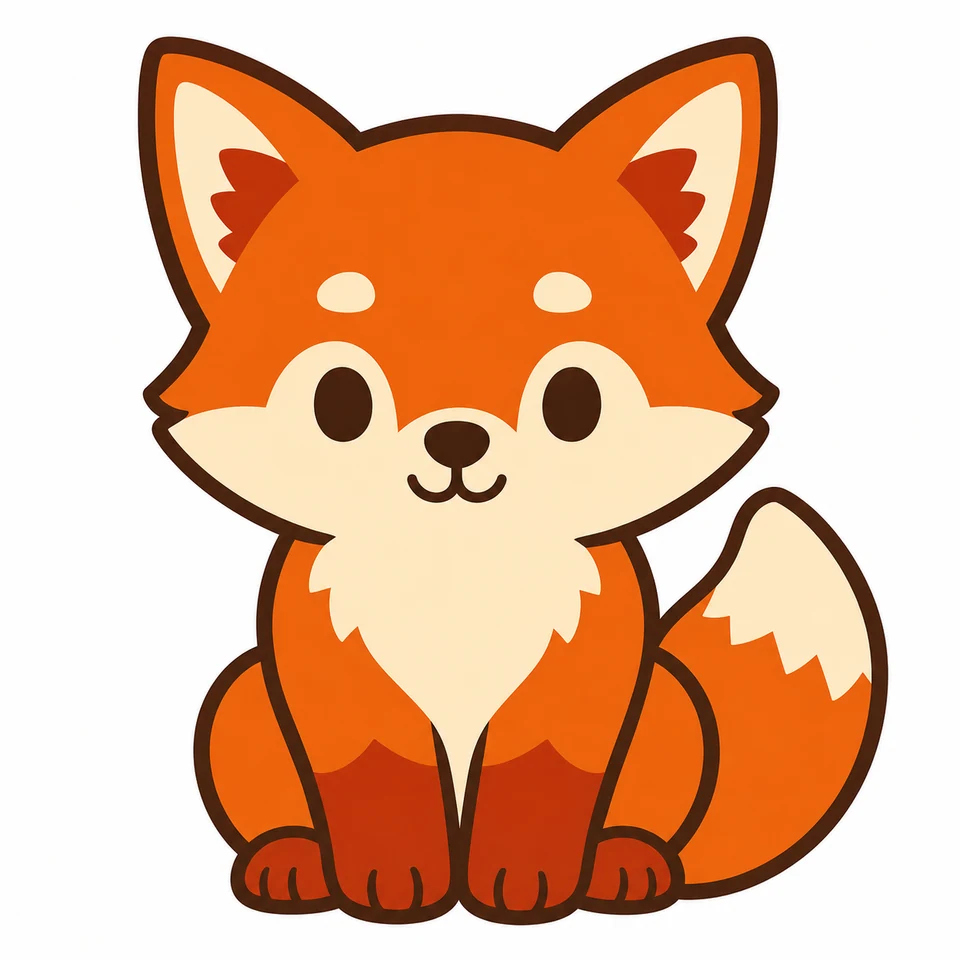 Seated orange fox source artwork with cream chest and curled tail