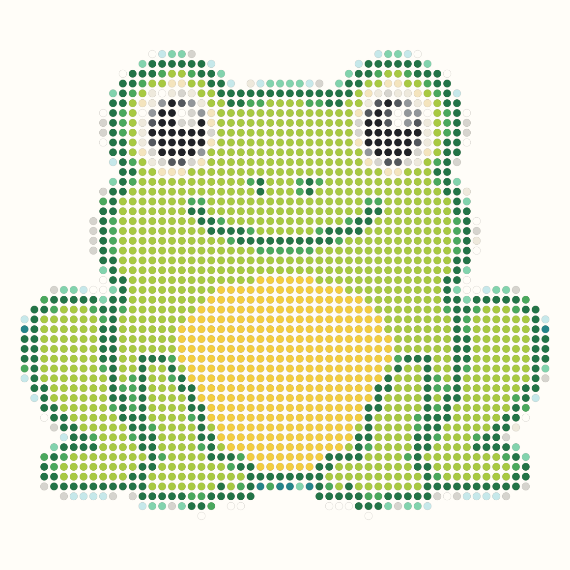 58 by 58 frog Perler bead pattern with green body and yellow belly
