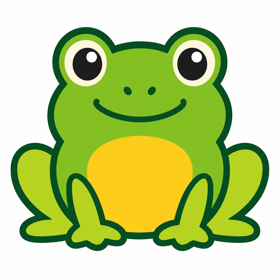 Bright green seated frog source artwork with large eyes