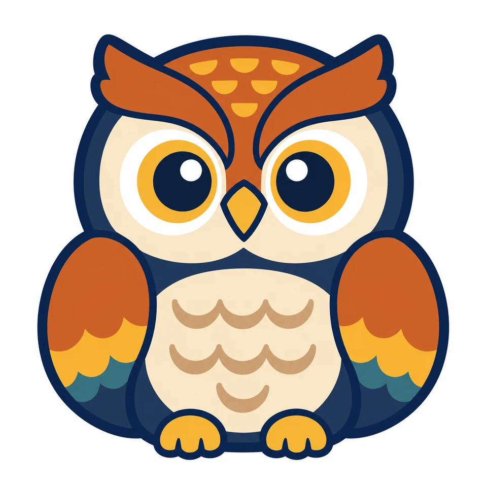 Wide-eyed colorful owl source artwork in orange navy and cream