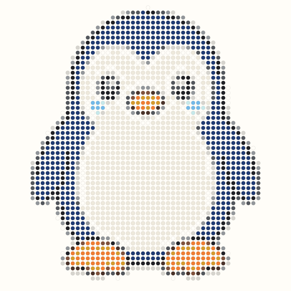 58 by 58 penguin Perler bead pattern in navy cream and orange