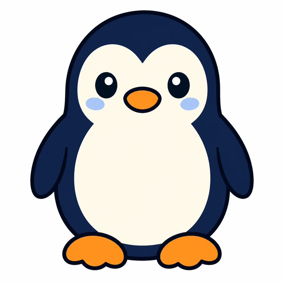 Round navy penguin source artwork with cream belly and orange feet
