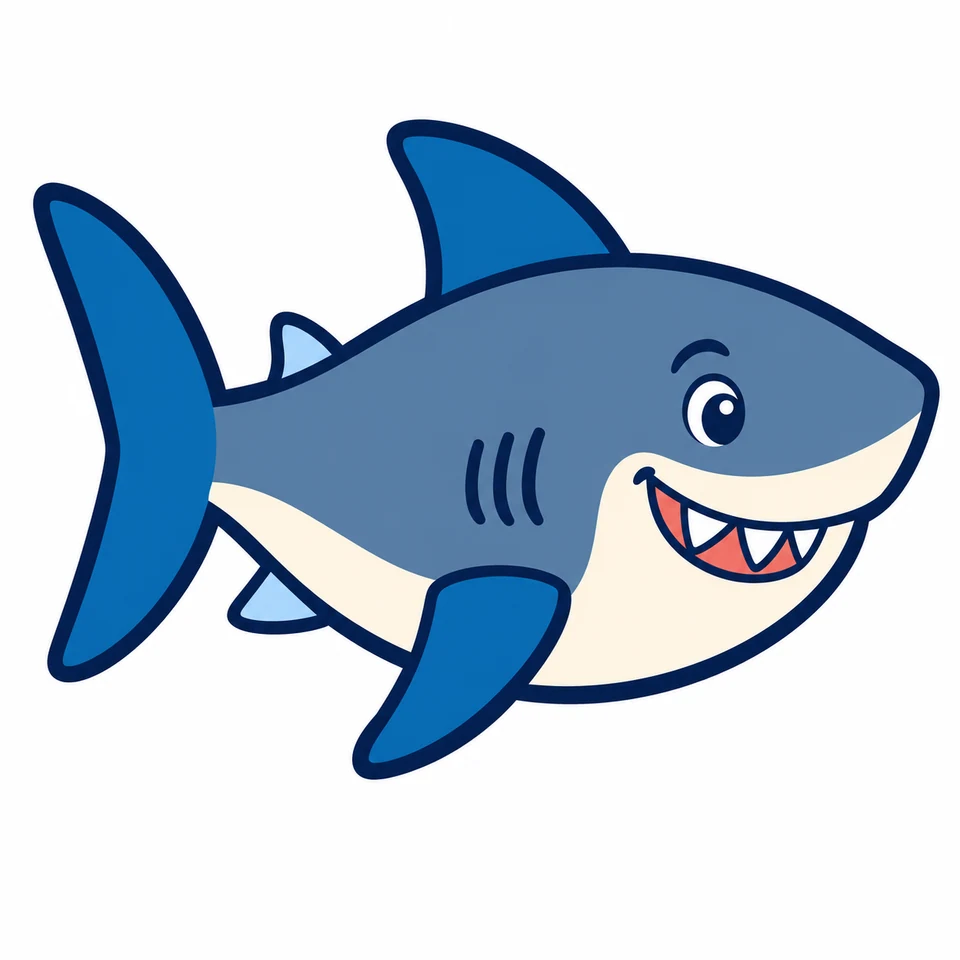 Cartoon blue shark source artwork with pale belly and visible teeth