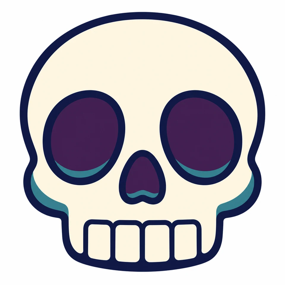Cream cartoon skull source artwork with purple eyes and teal shadows