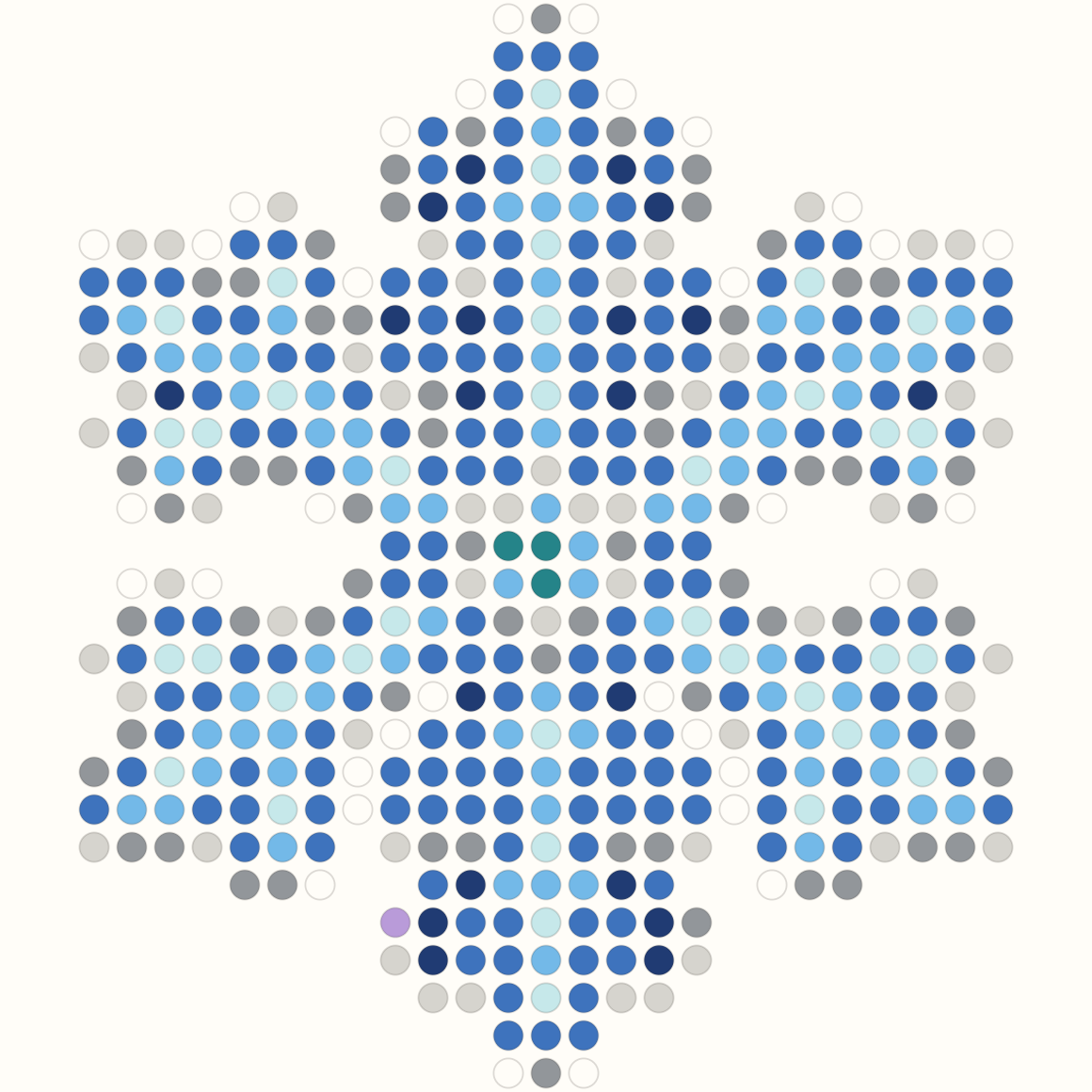 29 by 29 blue snowflake Perler bead pattern with six matching arms