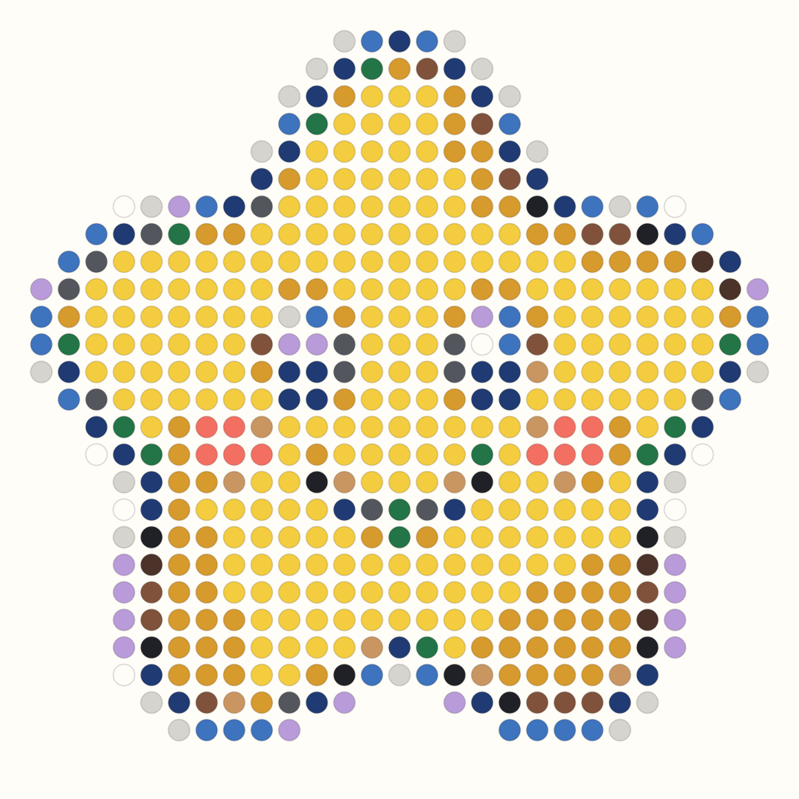 29 by 29 smiling star Perler bead pattern in yellow and navy