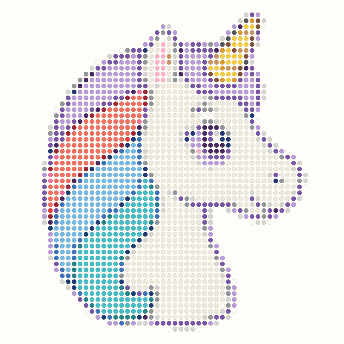 58 by 58 unicorn Perler bead pattern with pastel mane and gold horn