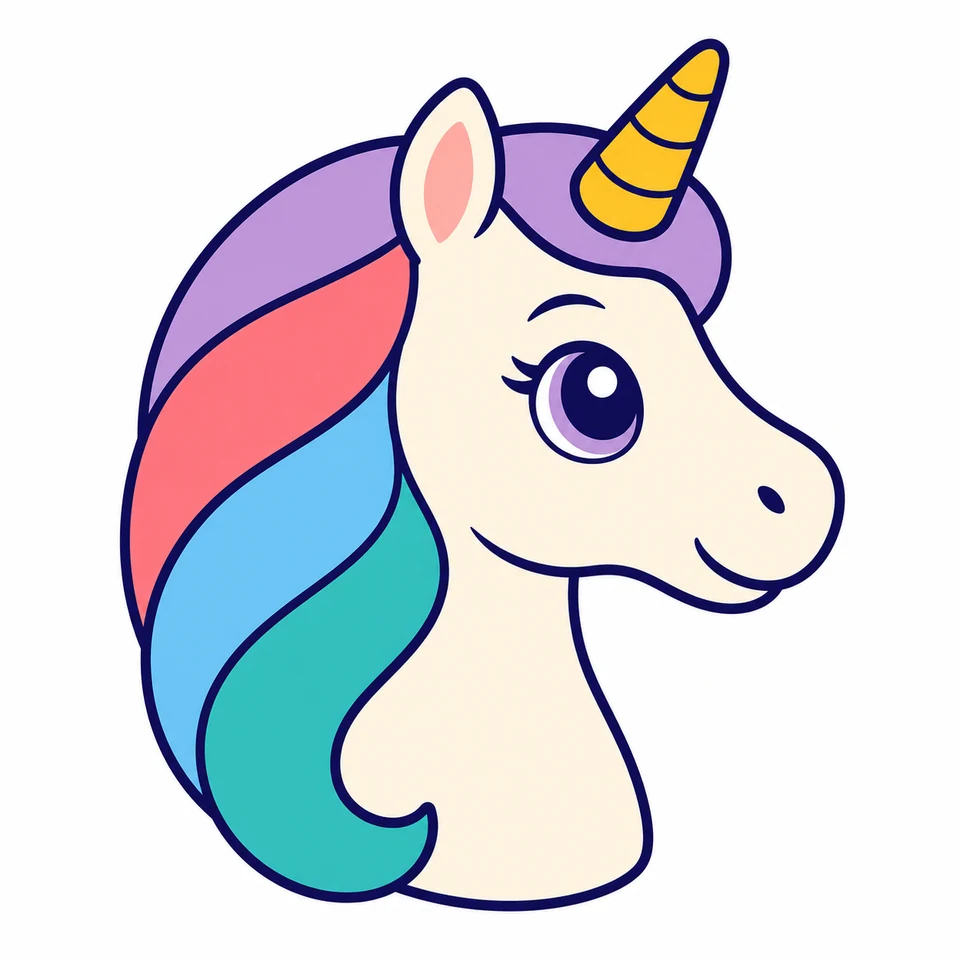 Pastel unicorn head source artwork with golden horn and rainbow mane